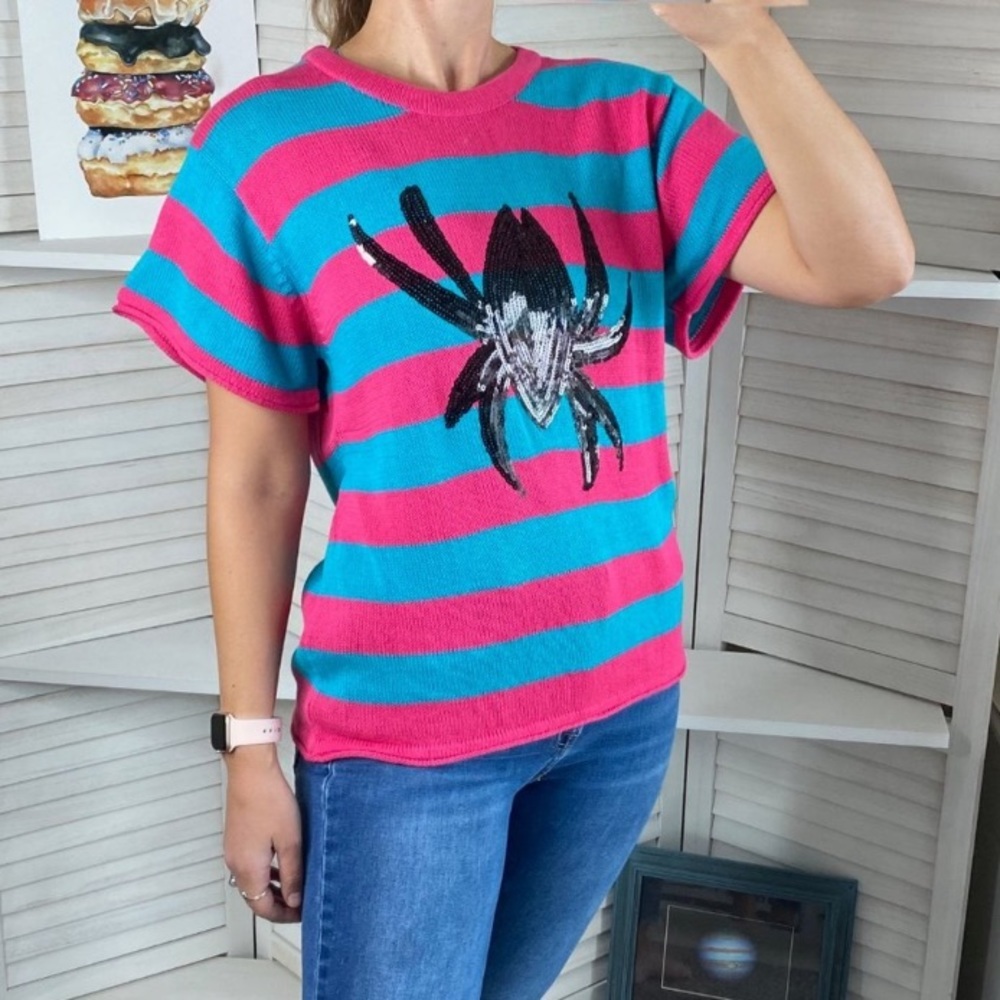 Marvel " We Love Fine" Fan Merch Spider Sequin Knit Crew Neck Sweater, NEW